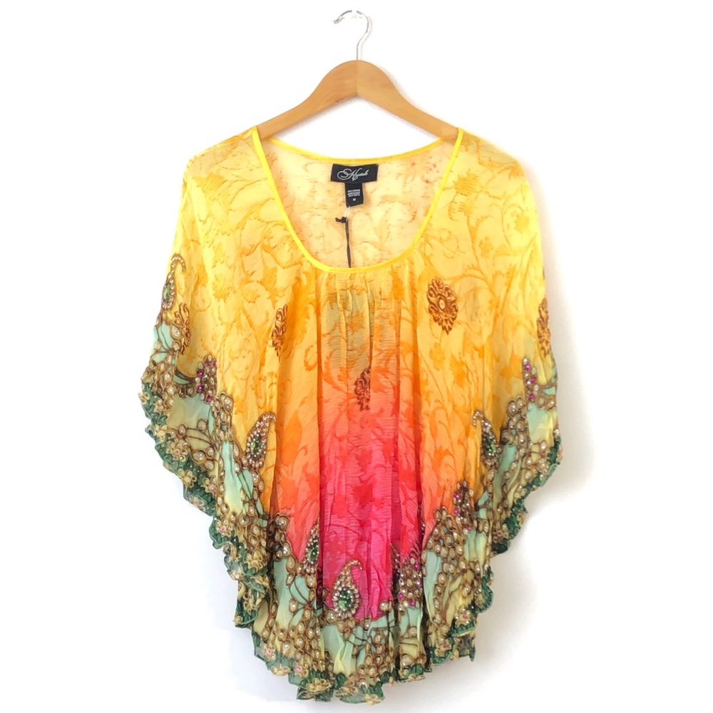 Kristals Yellow Orange Pink Ombre Bauble Gem Print Rhinestone Flutter Blouse Top